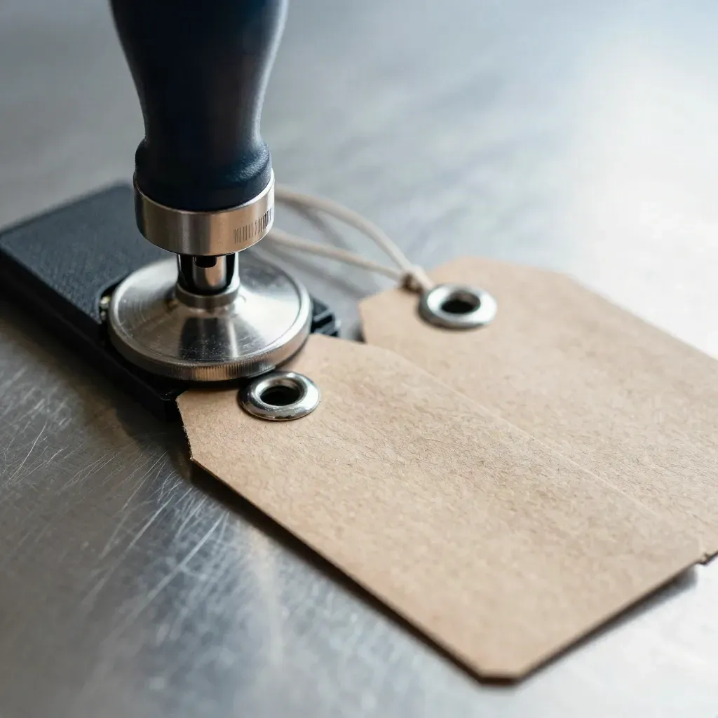 Macro of logistics tools and shipping tags aligned on brushed metal in cool workshop light.
