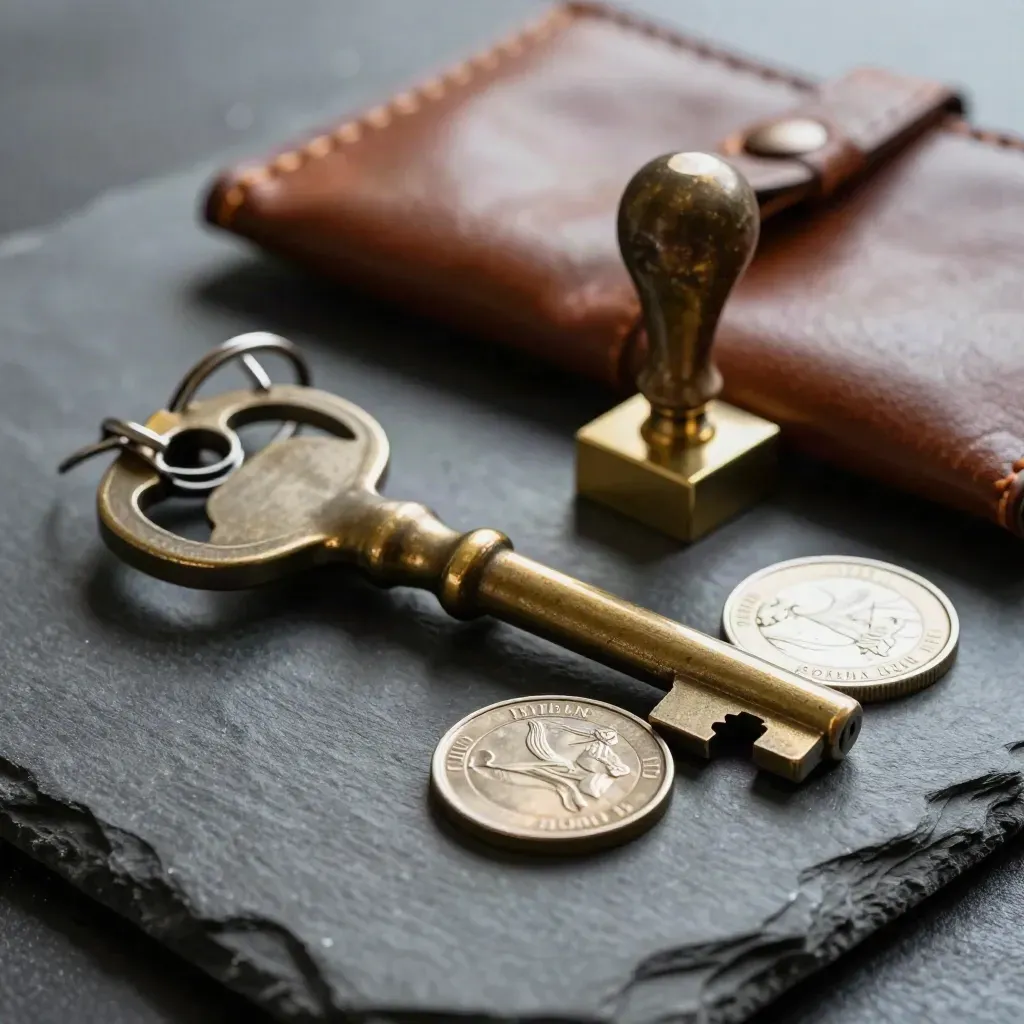 Vault keys, brass stamp, coin tray and leather pouch on dark slate, lit in moody close-up.