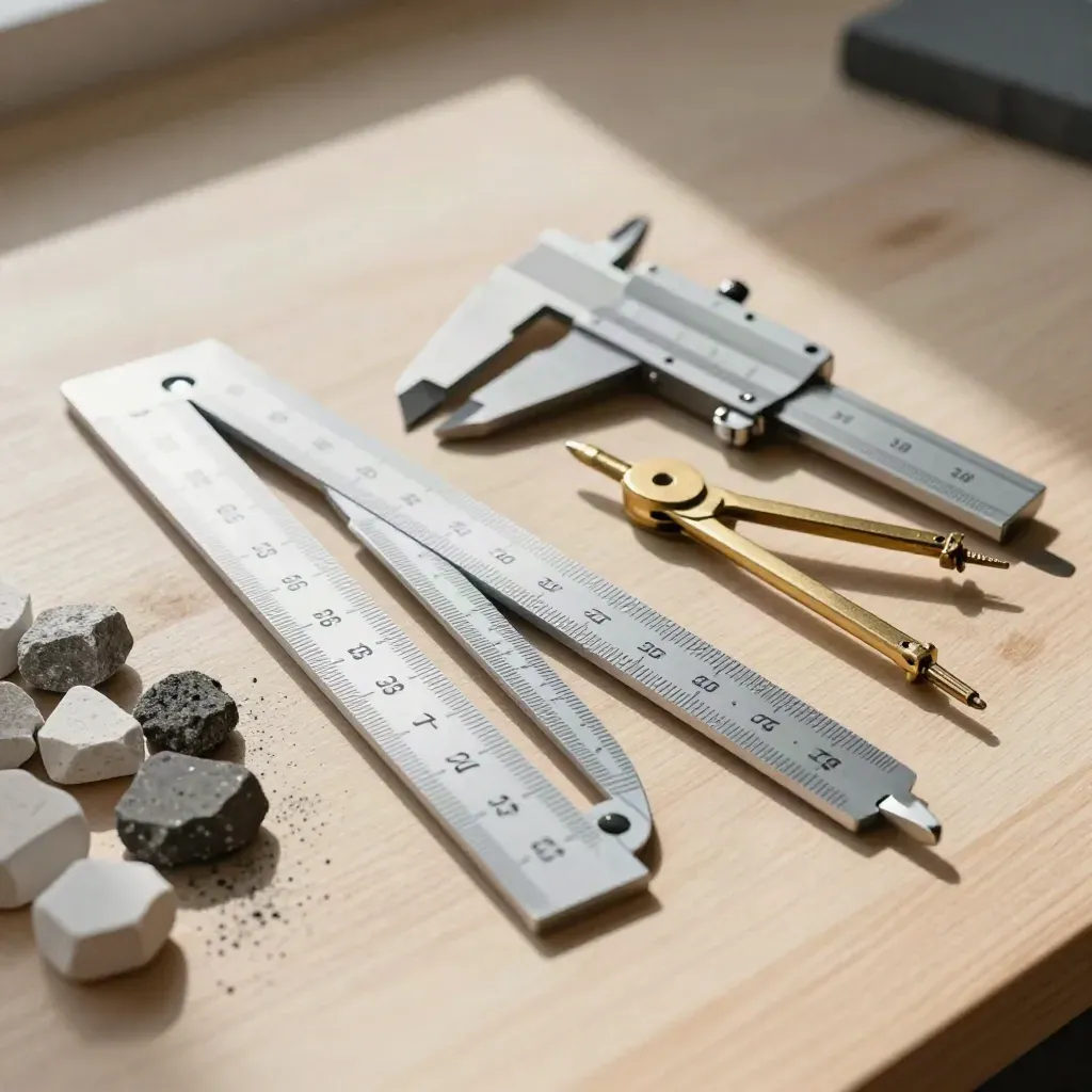 Architect’s tools on pale wood: aluminium scale, compass, calipers, and stone chips in soft daylight.