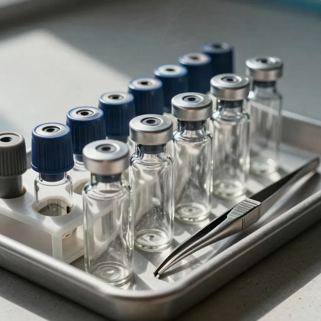 Lab vials, stopper rack and tweezers on pale concrete with dramatic shadow.