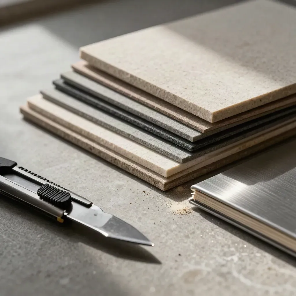 Material samples, folding utility knife and brushed metal swatch book on stone, lit in a tight macro.