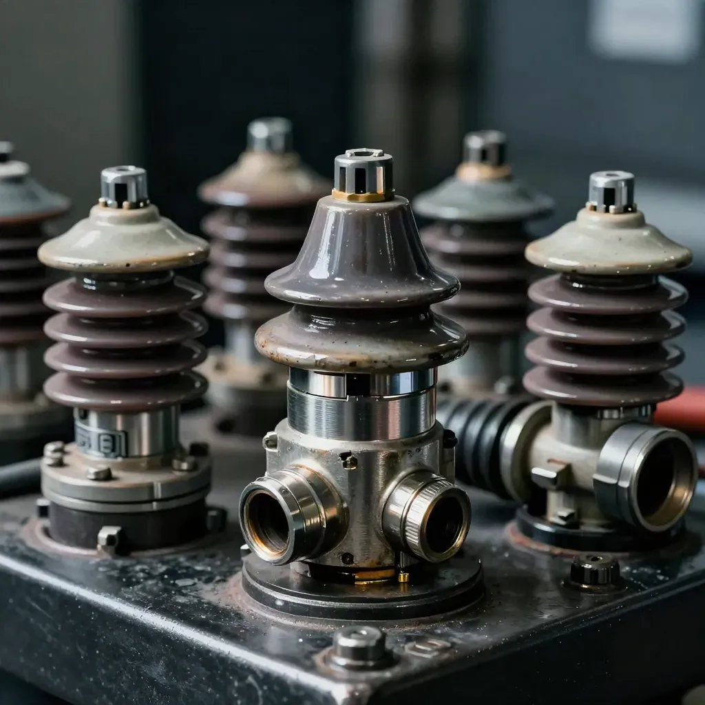 Energy junction block with insulators and pipe fitting on dark steel, dramatic studio still life.