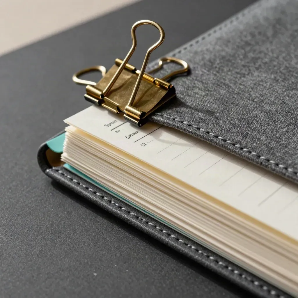 Macro of a tabbed agenda notebook with brass clip and lifting divider on charcoal paper