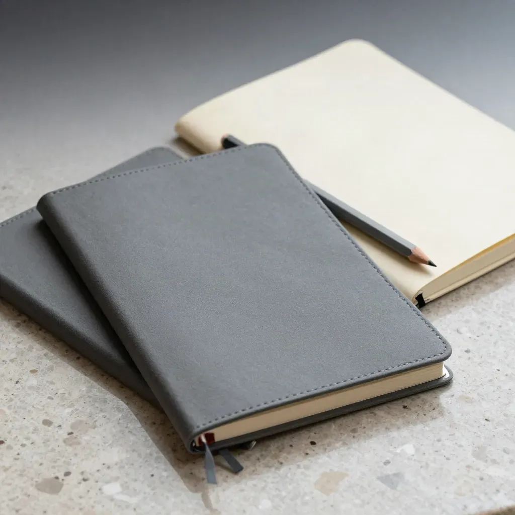 Two pocket notebooks bridged by a shared page holder beside a graphite pencil on pale stone.