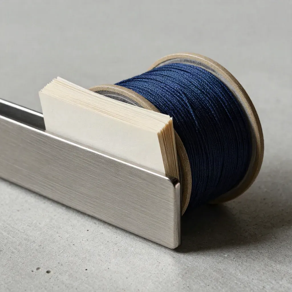 Close-up of task cards, steel clip rail, and thread spool on concrete.