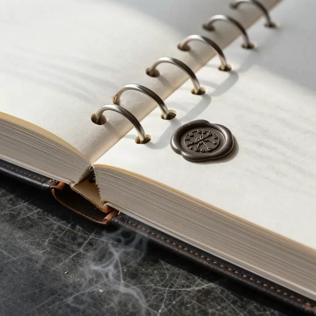 Overhead macro of a ring-bound decision log, wax seal stamp and metal marker on dark marble.