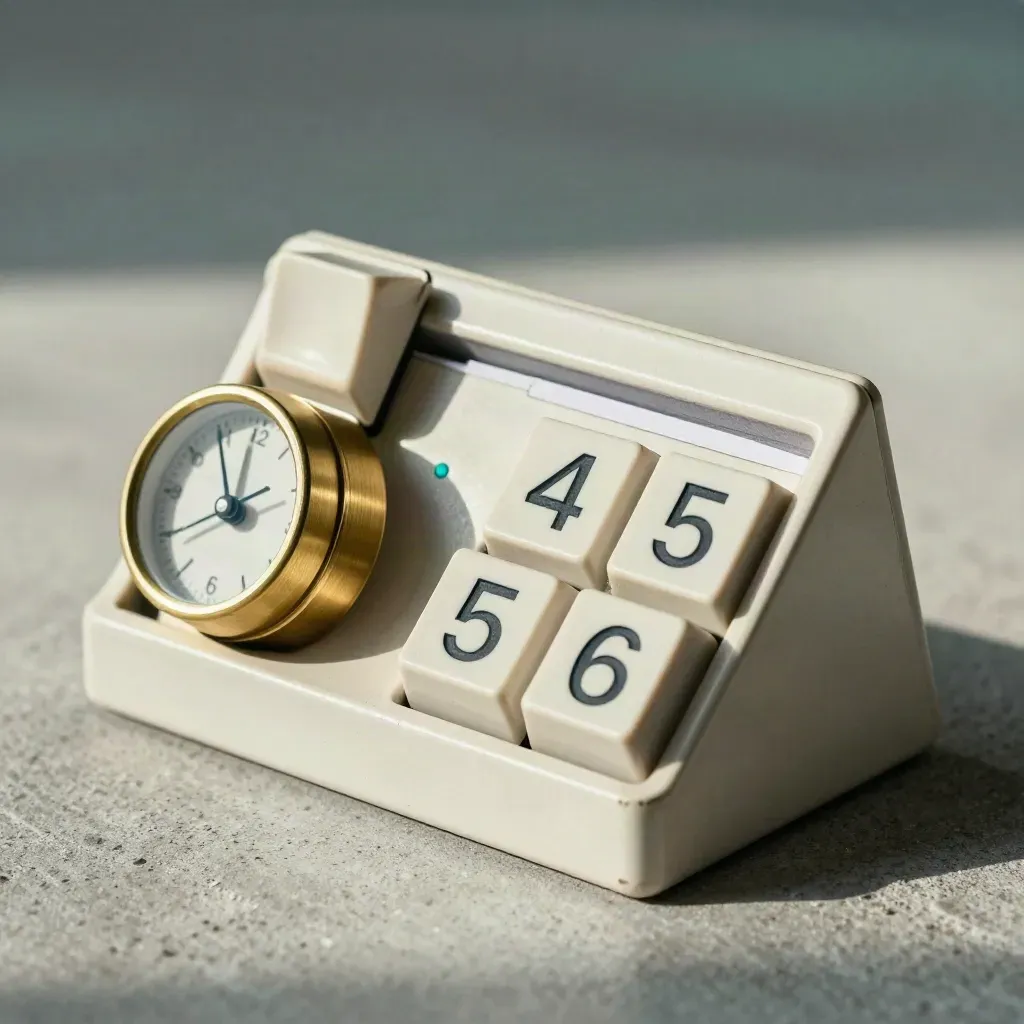 Mechanical desk calendar block, brass rings and compact clock on pale concrete with teal accent.