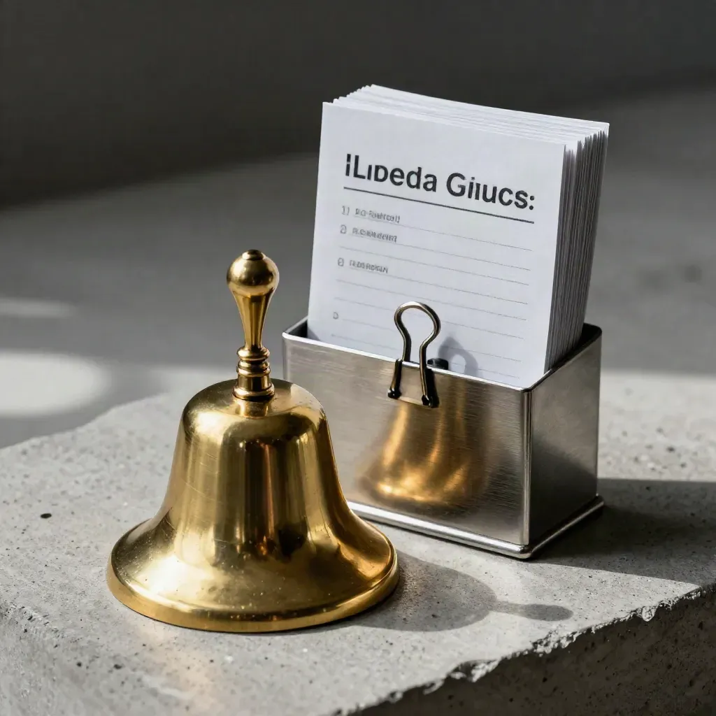 Brass reminder bell with stacked follow-up cards and a spring clip on brushed metal, lit dramatically.