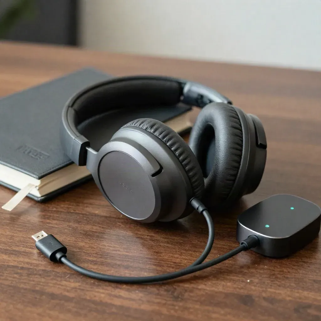 Noise-canceling headset on dock with cable and notebook on dark walnut, teal accent light