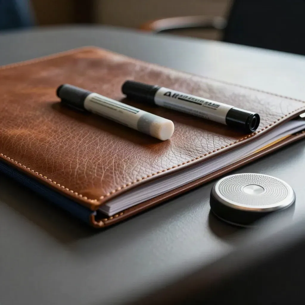 Leather meeting folder, marker cap, and speakerphone puck shot through a blurred glass divider.