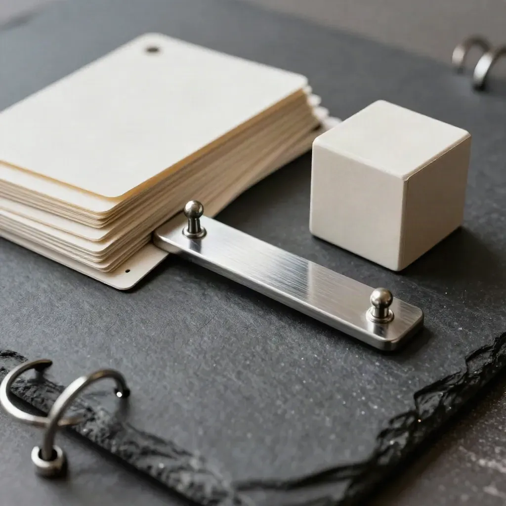 Task cards and milestone pins on slate, framed through a blurred binder ring