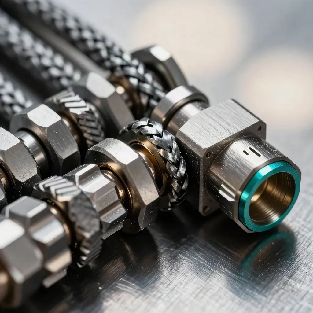 Extreme macro of linked metal rings, cable ferrules, and a connector block on graphite metal.