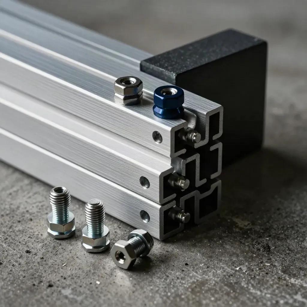 Aluminium brackets and hex fasteners on dark concrete in dramatic workshop light.