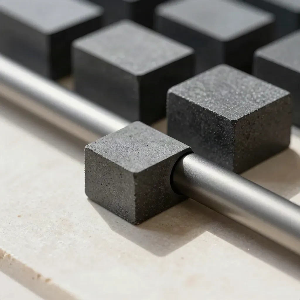 Matte graphite blocks and a magnetic spine bar aligned on brushed stone in dramatic skimming light.