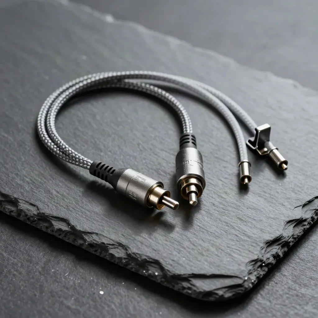 Audio jack connectors and cable loops arranged neatly on charcoal slate