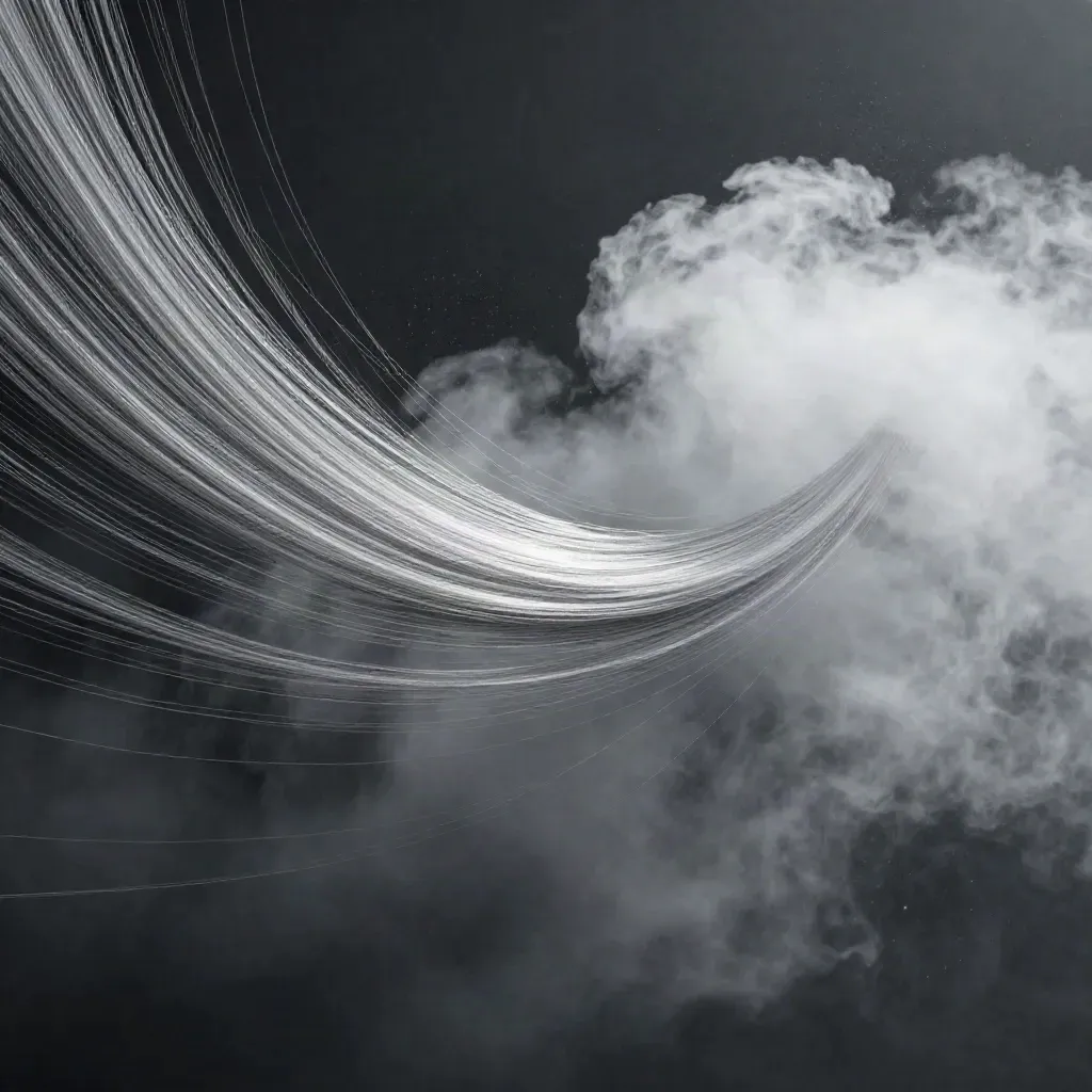 Silver and pale-grey light filaments bloom in graphite space with drifting motes.